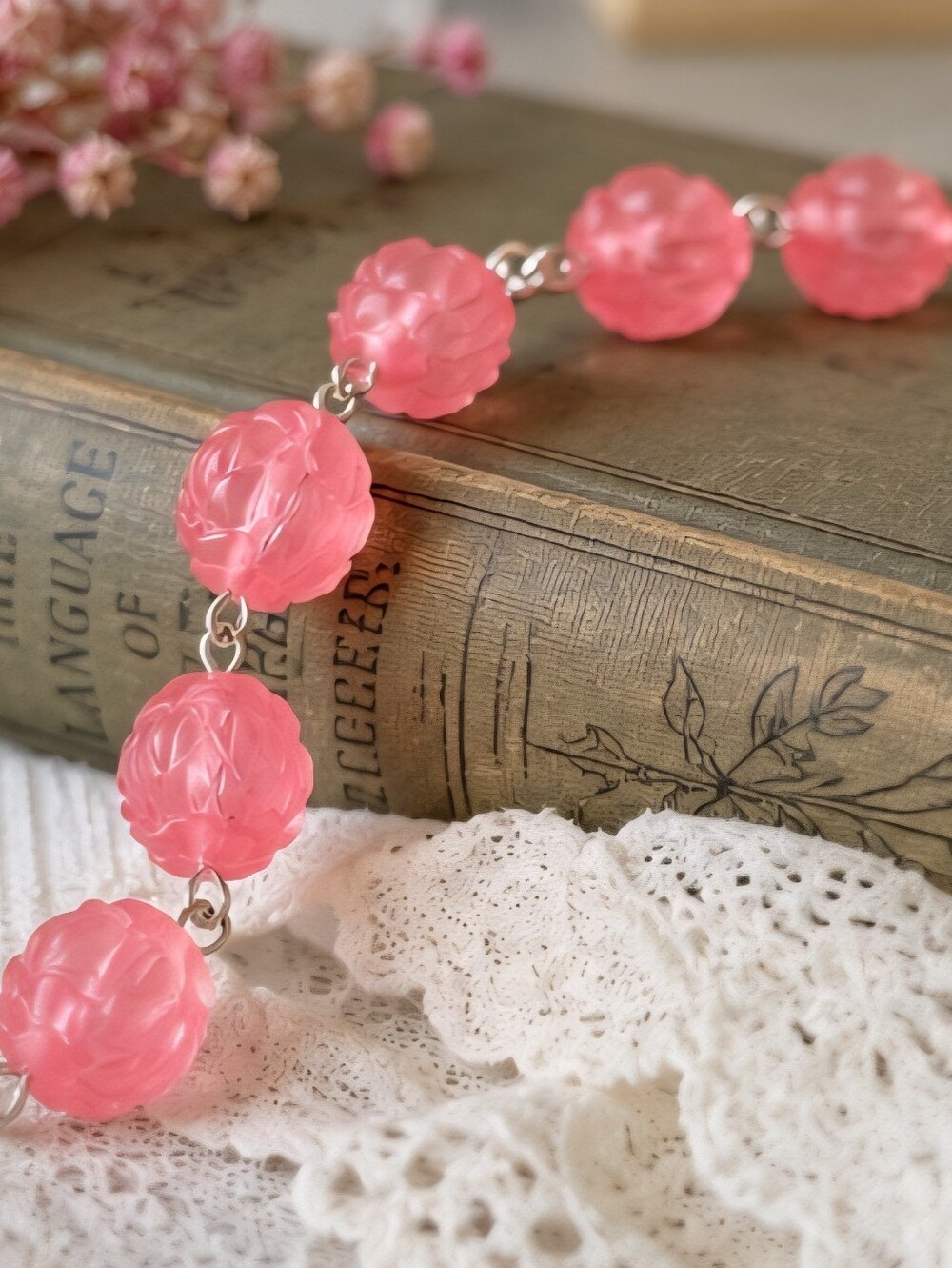 Handmade Floral Rose Bracelet Pink Fairycore Cottagecore